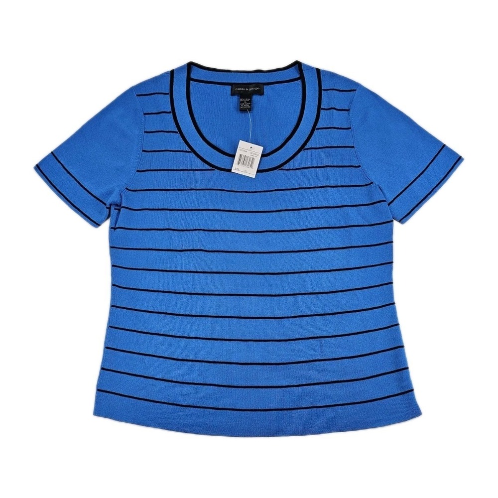 CABLE‎ & GAUGE Top Women XL Blue Black Striped Scoop Neck Stretch Shirt CG25569